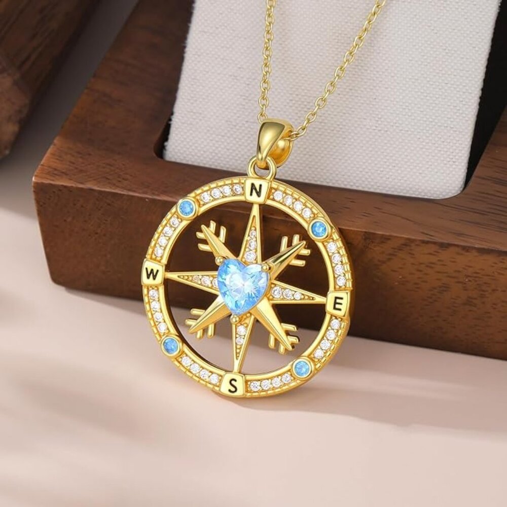 Moissanite Compass Pendant Necklace 18K Gold-Plated Sterling Silver NWT